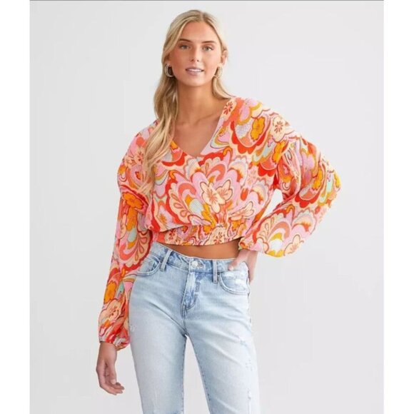 Privy Pleated Surplice Retro Floral Cropped Top Size Large - Picture 1 of 7